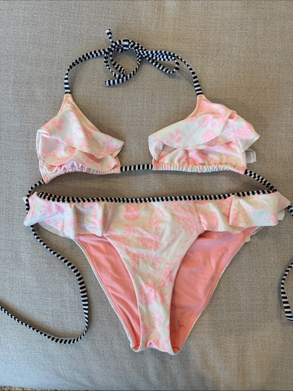 Aerie Pink Floral Ruffle Bikini with Striped Trim